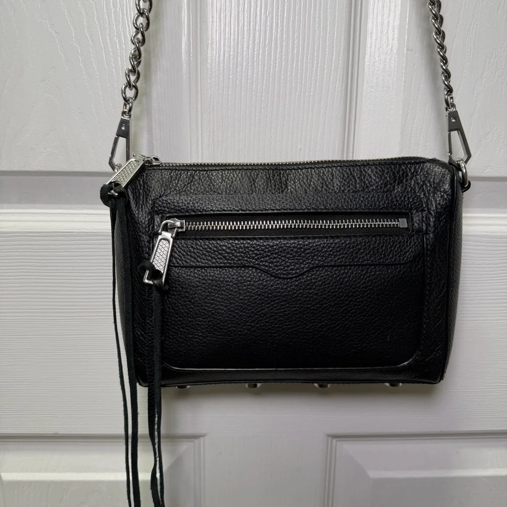 Rebecca Minkoff Avery Leather Crossbody Bag, Pebbled Black Silver Chain
